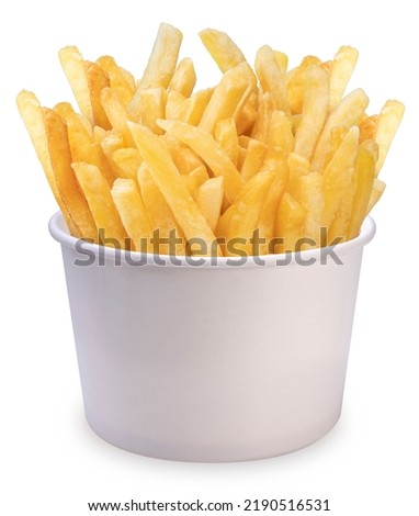 French fries in paper bucket isolated on white background, French fries on white With clipping path. Royalty-Free Stock Photo #2190516531