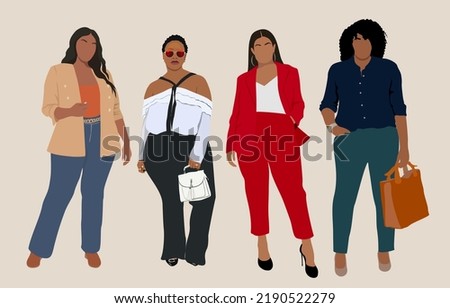 Set of Beautiful black business women wearing smart casual business outfits. Pretty curvy girls in modern office look. Plus size lady boss. Female characters vector realistic illustration isolated. Royalty-Free Stock Photo #2190522279