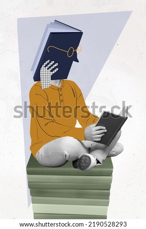 Vertical poster collage of school boy book instead head wear casual cloth isolated on painted grey color background