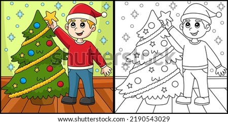 Christmas Boy And Christmas Tree Coloring Page 