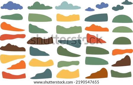 Groovy abstract landscape creator clipart, Set of colorful abstract shapes, mountains, clouds, rainbows, birds, mushrooms, flowers, butterflyes clip art, Vector illustration in flat style.