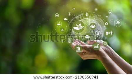ESG icon concept. Environment, society and governance. Energy of natural gas sustainable and ethical business on network connection on green background. Royalty-Free Stock Photo #2190550941