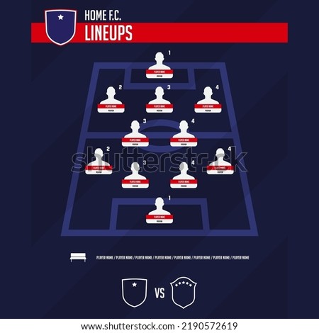 Football team formation, starting list or lineups infographic template. Set of football player position on soccer field.  Football kit, soccer jersey icon in flat design. Vector Illustration.