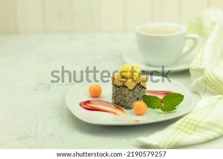 Delicious sponge cake with poppy filling. A piece of cake on a white plate and decorated with fruits and sauces. Physilis berries. Background with copy space,