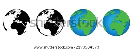 Earth Globe vector illustrations in various different designs, Globe world map flat icon style, Green and blue earth icon, 3d illusion globe icon. A globe, earth, planet, world map icon set collection
