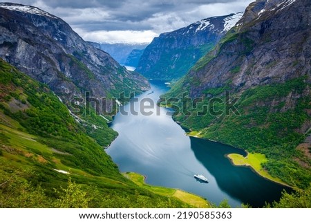 Majestic naeroyfjord from above in western Norway, Scandinavia Royalty-Free Stock Photo #2190585363