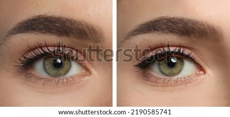 Collage with photos of young woman before and after getting permanent eyeliner makeup, closeup. Banner design Royalty-Free Stock Photo #2190585741