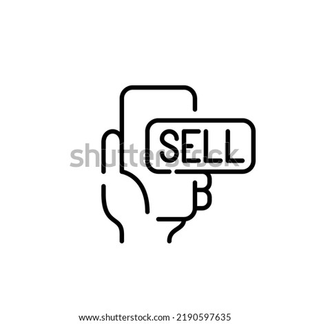Hand holding smartphone with sell button. Pixel perfect, editable stroke line icon