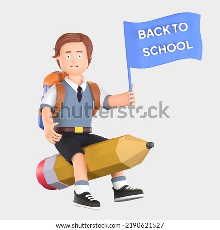 boy school student riding pencil and holding flag 3D cartoon illustration