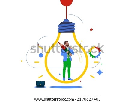 Creative businessman holding red pencil think about idea on light bulb. Creative idea or invention, new idea, knowledge or education.