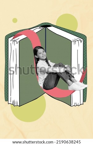 Vertical collage picture of small girl black white gamma sitting painted book bookmark isolated on drawing background