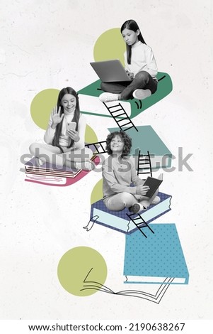 Vertical creative collage of three kids black white effect read book use telephone netbook painted ladder isolated on drawing background