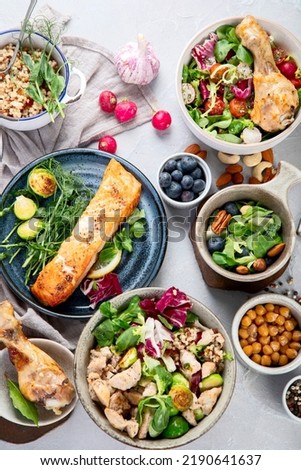 Healthy food assortment. Dieting concept. Flat lay, top view. healthy dinner Royalty-Free Stock Photo #2190641637