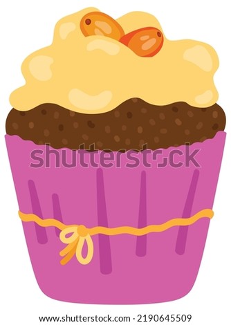 Chocolate cupcake with cream and sea buckthorn. Hand drawn vector illustration. Suitable for website, stickers, postcards, menu.