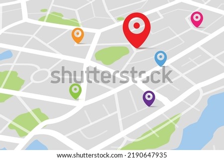 3D Isometric map with destination location point, Aerial clean top view of the day time city map with street and river, Blank urban imagination map, GPS map navigator concept, vector illustration Royalty-Free Stock Photo #2190647935