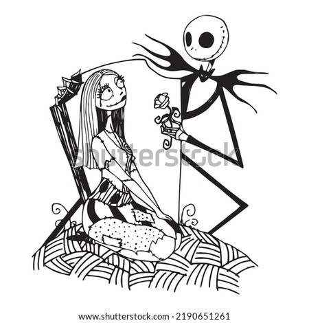 Nightmare Before Christmas. Jack And Sally. Black Silhouette on White Background. Vector Illustration Royalty-Free Stock Photo #2190651261