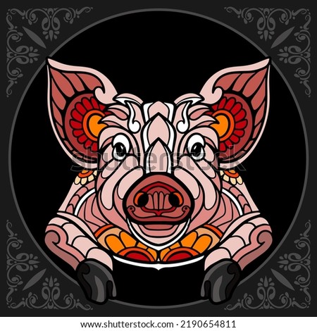 Illustration of Colorful pig zentangle arts isolated on black background