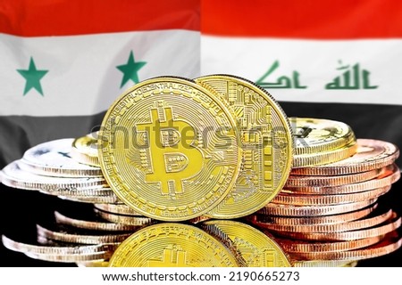 Bitcoins on flag Syria and Iraq background. Concept for investors in cryptocurrency and Blockchain technology in Syria and Iraq