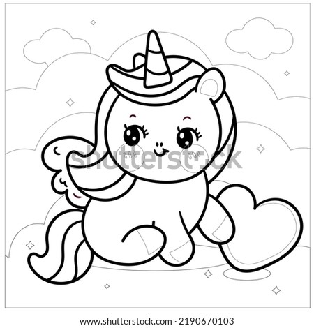 Cute cartoon unicorn. Black and white vector unicorn  illustration for coloring book for kids, Creepy Kawaii , cute pastel Baby unicorn coloring page. unicorn icon 