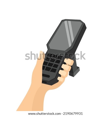 Manual data collection terminal in hand for inventory in a warehouse, inventory control, barcode scanner, qr-codes, isolated Laser scanner of a data collection terminal on a white background