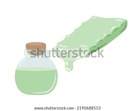 Aloe vera plant slice symbol with drop. Single glass jar with liquid inside. The jar is closed with a stopper drawn by hand in the style of doodle. Isolated vector illustration.	