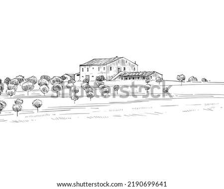 Rural landscape. Farm sketch hand drawn vector illustration.  Royalty-Free Stock Photo #2190699641