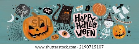Happy Halloween. Vector cute illustrations of objects: pumpkin head, black cat, funny skeleton, ghosts, eyes for postcard creation Royalty-Free Stock Photo #2190715107