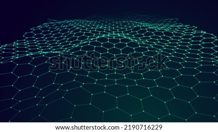 Graphene Hexagonal Grid. Molecular Network of Hexagons Connected. Chemical Network. Carbon Nanomaterials Nanotechnology Concept. Vector 3D Illustraion. Royalty-Free Stock Photo #2190716229