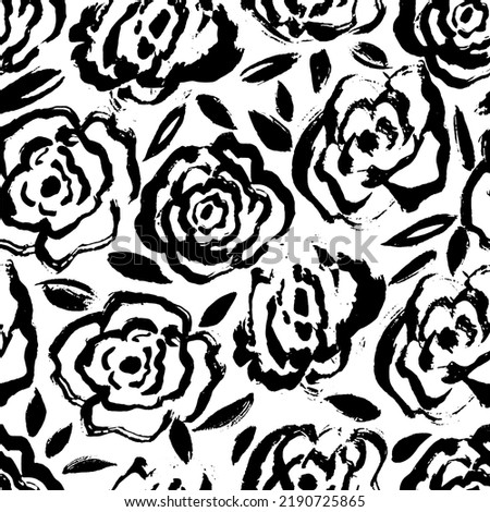 Hand drawn  seamless pattern with black rose  flowers and leaf . Seamless texture for fashion prints, wrapping, textile, paper, wallpaper. Vector graphic illustration.