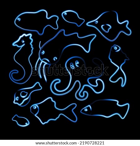 Vector set of fish with neon effect.