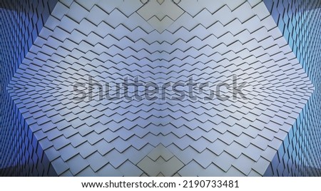 Metal tile surface resembling structure of wall. Abstract architecture of modern hi-tech building. Close-up photo of minimal industrial real estate object. Geometric pattern of polygonal elements.