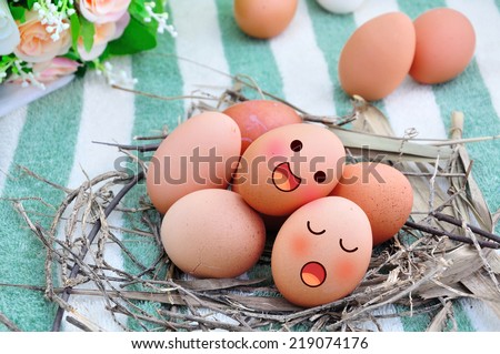 Eggs in Expression Face On nest and Colorful Background