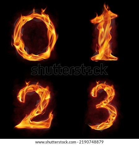Set of fire numbers 0 1 2 3 made of fire flames, with red smoke behind, hot metal font in flames, isolated on black Royalty-Free Stock Photo #2190748879