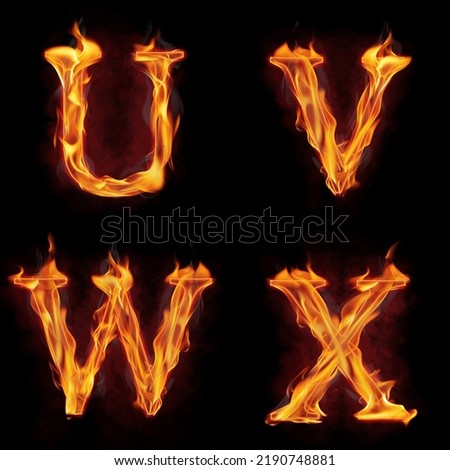 Set of fire alphabet letter U V W X made of fire flames, with red smoke behind, hot metal font in flames, isolated on black