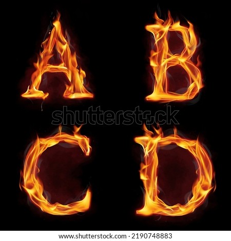 Set of fire alphabet letters A B C D made of fire flames, with red smoke behind, hot metal font in flames, isolated on black Royalty-Free Stock Photo #2190748883