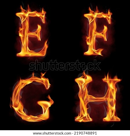 Set of fire alphabet letter E F G H made of fire flames, with red smoke behind, hot metal font in flames, isolated on black