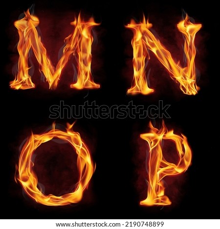 Set of fire alphabet letter M N O P made of fire flames, with red smoke behind, hot metal font in flames, isolated on black Royalty-Free Stock Photo #2190748899