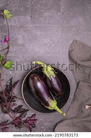 Frsh organic eggplant with basil, bean sprouts on the tile table.