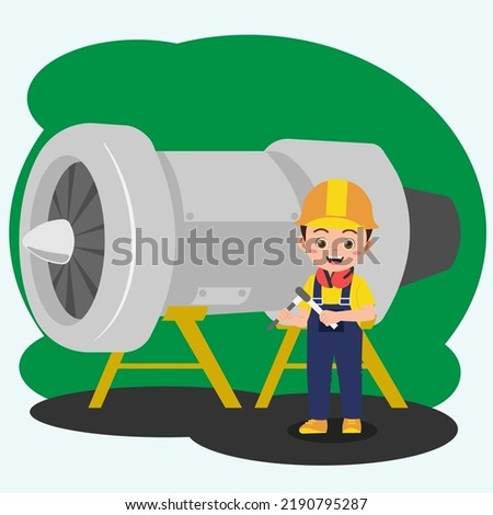 Cute Boy Working As Engineer, Background in Separated Layer For Easy Editing
