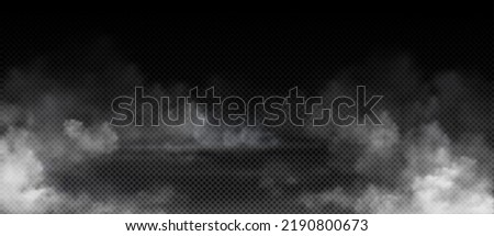 Fog, smoke, white smog clouds on floor, morning mist over the ground or water surface perspective view. Isolated steam circle at night club, magic haze, natural evaporation Realistic 3d vector Royalty-Free Stock Photo #2190800673