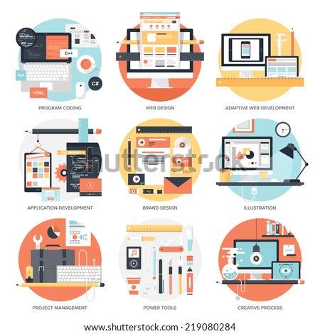 Abstract flat vector illustration of design and development concepts. Elements for mobile and web applications. Royalty-Free Stock Photo #219080284