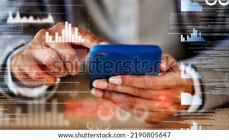 . Data, charts and finance businesswoman with phone working on software app for accounting, ecommerce business with futuristic graphic. Corporate hands doing fintech management of financial growth.