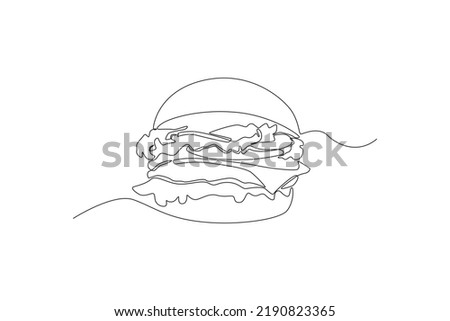 Single one line drawing fresh tasty burger. World food day concept. Continuous line draw design graphic vector illustration.