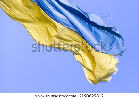 Ukrainian flag waving in wind and sunlight. Flag of Ukraine on blue sky background. National symbol of freedom and independence.
