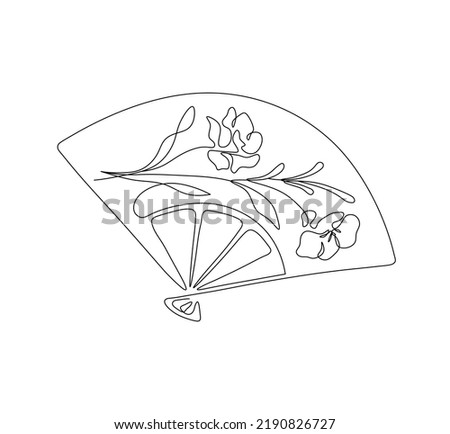Vector isolated chinese fan with flowers colorless black and white one single line drawing Royalty-Free Stock Photo #2190826727