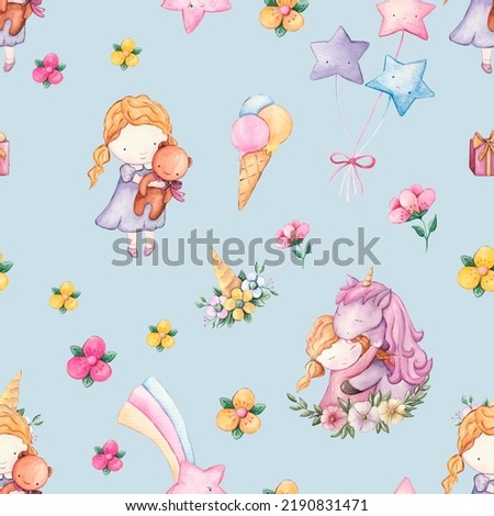 Unicorn, rainbow and magic pastel colors seamless pattern. Set of beauty cartoon unicorn with magical elements. Repetitive wallpaper. Perfect for fabric, wallpaper, wrapping paper or nursery decor