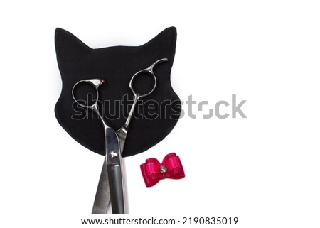 Set of different combs and brushes for grooming pets on a white background with shadow reflection. A creative cat figurine made from grooming tools.