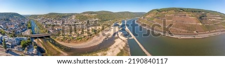 Drone picture of the Nahe estuary with almost dried up Nahe river in dry summer 2022