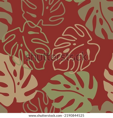 Monstera leaves decorative seamless vector pattern for textile design, fabric print, digital or wrapping paper, wallpaper, background and backdrop, decoration. Tropical summer holiday theme.