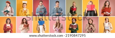Collage of people in autumn clothes and with books on color background